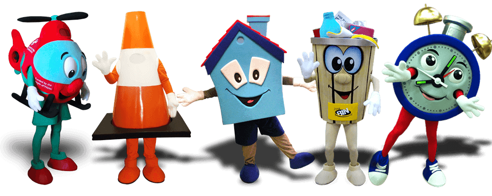 Helicopter Mascot, Traffic Cone Mascot, House Mascot, Recycling Bin Mascot, Clock Mascot