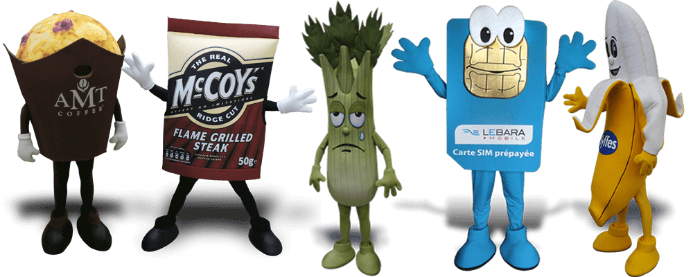 Muffin Mascot, Crisp Packet Mascot, Leek Mascot, SIM card mascot, Banana Mascot